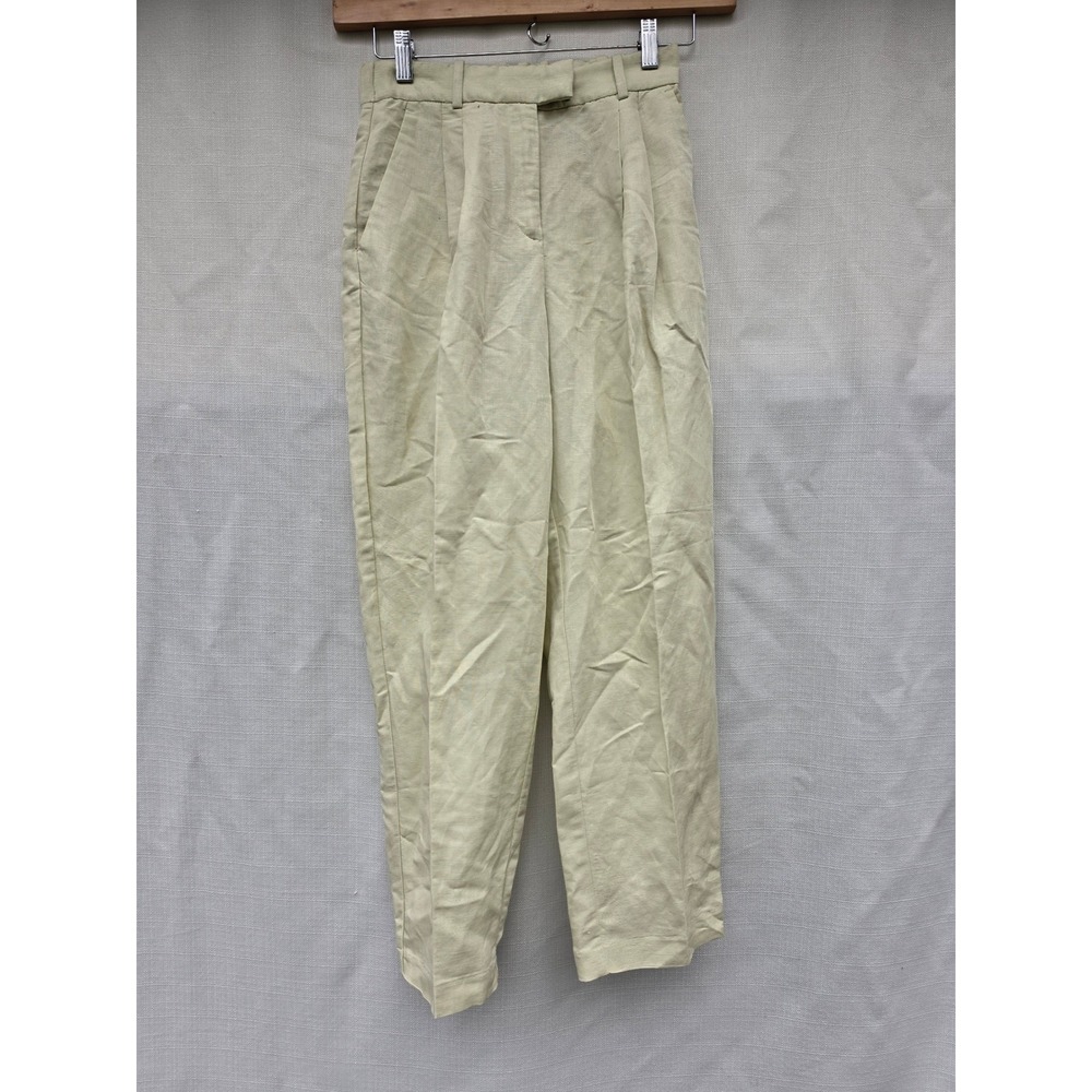 HM Linen Blend Pleated High Waisted Trousers Sage Green Beige US 4 Quiet Luxury